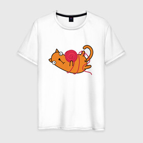 Мужская футболка хлопок с принтом What? в Санкт-Петербурге, 100% хлопок | прямой крой, круглый вырез горловины, длина до линии бедер, слегка спущенное плечо. | Тематика изображения на принте: cartoon | cat | kitty | вязание | игра | играет | клубок | кот | котёнок | котик | кошка | мультяшный | нитки | персонаж | рисованый | розовый | симпатичный | удивление | шутка | юмор