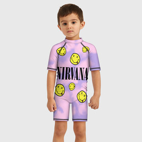 Детский купальный костюм 3D с принтом NIRVANA в Санкт-Петербурге, Полиэстер 85%, Спандекс 15% | застежка на молнии на спине | in utero | nevermind | nirvana | nirvana in utero | nirvana logo | smile | курт кобейн | нирвана | нирвана in utero | нирвана лого