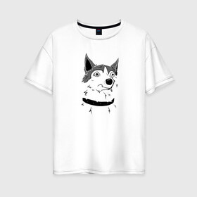 Женская футболка хлопок Oversize с принтом Курьер - Шарик в Санкт-Петербурге, 100% хлопок | свободный крой, круглый ворот, спущенный рукав, длина до линии бедер
 | reminor | животные | курьер | мультфильм | пес | собака | шарик