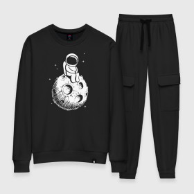Женский костюм хлопок с принтом Космонавт на луне в Санкт-Петербурге, 100% хлопок | на свитшоте круглая горловина, мягкая резинка по низу. Брюки заужены к низу, на них два вида карманов: два 