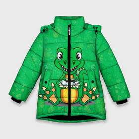 Зимняя куртка для девочек 3D с принтом Дракоша-геймер в Санкт-Петербурге, ткань верха — 100% полиэстер; подклад — 100% полиэстер, утеплитель — 100% полиэстер. | длина ниже бедра, удлиненная спинка, воротник стойка и отстегивающийся капюшон. Есть боковые карманы с листочкой на кнопках, утяжки по низу изделия и внутренний карман на молнии. 

Предусмотрены светоотражающий принт на спинке, радужный светоотражающий элемент на пуллере молнии и на резинке для утяжки. | Тематика изображения на принте: dino | dinosaur | gamer | rex | t rex | ti rex | дино | динозавр | динозаврик | дракон | дракончик | дракоша | приставка | рекс | тираннозавр | тиранозавр | тирранозавр