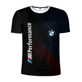 Мужская футболка 3D спортивная с принтом BMW PERFORMANCE в Санкт-Петербурге, 100% полиэстер с улучшенными характеристиками | приталенный силуэт, круглая горловина, широкие плечи, сужается к линии бедра | bmw | абстракция | авто | автомобиль | бмв | лого | логотип | машина | скорость