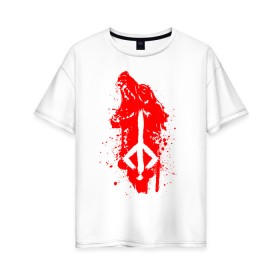 Женская футболка хлопок Oversize с принтом BLOODBORNE в Санкт-Петербурге, 100% хлопок | свободный крой, круглый ворот, спущенный рукав, длина до линии бедер
 | bloodborne | hunter | знак охотника | охотник | рожденный кровью
