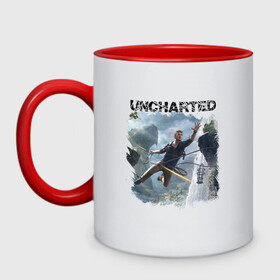 Кружка двухцветная с принтом UNCHARTED в Санкт-Петербурге, керамика | объем — 330 мл, диаметр — 80 мм. Цветная ручка и кайма сверху, в некоторых цветах — вся внутренняя часть | play | uncharted | uncharted 4 | дрейк | игры | не отмеченный на карте | неведомый | неизведанный | неизвестный | нейт | нейтан