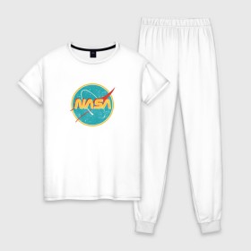 Женская пижама хлопок с принтом NASA винтажный логотип в Санкт-Петербурге, 100% хлопок | брюки и футболка прямого кроя, без карманов, на брюках мягкая резинка на поясе и по низу штанин | 50 е | 50s | nasa | retro | us | usa | vintage | в старом стиле | винтаж | винтажный | затертый | логотип | модная | модный | наса | потертый | ретро | старый | старый логотип | сша