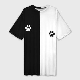 Платье-футболка 3D с принтом Кошачьи следы в Санкт-Петербурге,  |  | black and white | cat | животные | кот | кошачий след | кошка | половина | черно белый | чёрный и белый