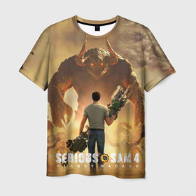 Мужская футболка 3D с принтом Serious Sam 4 в Санкт-Петербурге, 100% полиэфир | прямой крой, круглый вырез горловины, длина до линии бедер | croteam | devolver | digital | games | planet | sam | serious | игры | крутой | планета | сэм