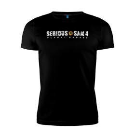 Мужская футболка премиум с принтом Serious Sam 4 в Санкт-Петербурге, 92% хлопок, 8% лайкра | приталенный силуэт, круглый вырез ворота, длина до линии бедра, короткий рукав | croteam | devolver | digital | games | planet | sam | serious | игры | крутой | планета | сэм