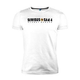 Мужская футболка премиум с принтом Serious Sam 4 в Санкт-Петербурге, 92% хлопок, 8% лайкра | приталенный силуэт, круглый вырез ворота, длина до линии бедра, короткий рукав | croteam | devolver | digital | games | planet | sam | serious | игры | крутой | планета | сэм