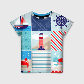 Детская футболка 3D с принтом Моряк  в Санкт-Петербурге, 100% гипоаллергенный полиэфир | прямой крой, круглый вырез горловины, длина до линии бедер, чуть спущенное плечо, ткань немного тянется | вода | краб | маяк | море | моряк | океан | парус | полосы | черепаха | штурвал | яхта