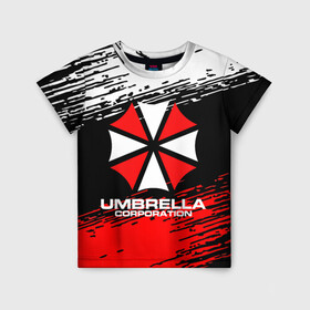 Детская футболка 3D с принтом Umbrella Corporation. в Санкт-Петербурге, 100% гипоаллергенный полиэфир | прямой крой, круглый вырез горловины, длина до линии бедер, чуть спущенное плечо, ткань немного тянется | Тематика изображения на принте: resident evil | umbrella corporation | амбрелла | амбрелла корпорейшн | вирус | вымышленная военная и фармацевтическая корпорация | игра | умбрелла