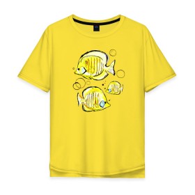 Мужская футболка хлопок Oversize с принтом Рыбы-бабочки в Санкт-Петербурге, 100% хлопок | свободный крой, круглый ворот, “спинка” длиннее передней части | аквариумные | бабочки | дизайн | желтый | модная | морская | обитатели | оригинальный | подводное | принт | рыба | рыбы | скетч | стильная | яркая