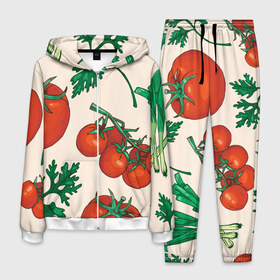 Мужской костюм 3D с принтом Летние овощи в Санкт-Петербурге, 100% полиэстер | Манжеты и пояс оформлены тканевой резинкой, двухслойный капюшон со шнурком для регулировки, карманы спереди | 3d | зелень | летние | лето | лук | овощи | петрушка | помидоры | популярные | томаты