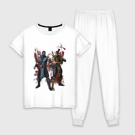 Женская пижама хлопок с принтом Sub-Zero and Scorpion в Санкт-Петербурге, 100% хлопок | брюки и футболка прямого кроя, без карманов, на брюках мягкая резинка на поясе и по низу штанин | 