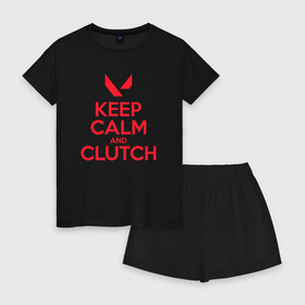 Женская пижама с шортиками хлопок с принтом KEEP CALM CLUTCH в Санкт-Петербурге, 100% хлопок | футболка прямого кроя, шорты свободные с широкой мягкой резинкой | Тематика изображения на принте: breach | cs go | cypher | jett | league of legends | legends of runeterra | lol | omen | overwatch | phoenix | riot | riot games | sage | sona | sova | valorant | viper | валорант | кс го | лига легенд | лол