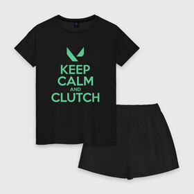 Женская пижама с шортиками хлопок с принтом KEEP CALM CLUTCH в Санкт-Петербурге, 100% хлопок | футболка прямого кроя, шорты свободные с широкой мягкой резинкой | breach | cs go | cypher | jett | league of legends | legends of runeterra | lol | omen | overwatch | phoenix | riot | riot games | sage | sona | sova | valorant | viper | валорант | кс го | лига легенд | лол