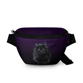 Поясная сумка 3D с принтом черный кот на фиолетовом фоне в Санкт-Петербурге, 100% полиэстер | плотная ткань, ремень с регулируемой длиной, внутри несколько карманов для мелочей, основное отделение и карман с обратной стороны сумки застегиваются на молнию | акварель | глаза | клево | котейка | котенок | котик | котэ | кошак | кошка | красиво | любителю кошек | модно | мяу | подарок | пушистый | рисунок | стильно | темный | черный кот | шерсть