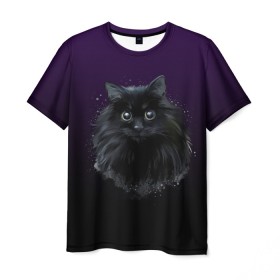 Мужская футболка 3D с принтом черный кот на фиолетовом фоне в Санкт-Петербурге, 100% полиэфир | прямой крой, круглый вырез горловины, длина до линии бедер | Тематика изображения на принте: акварель | глаза | клево | котейка | котенок | котик | котэ | кошак | кошка | красиво | любителю кошек | модно | мяу | подарок | пушистый | рисунок | стильно | темный | черный кот | шерсть