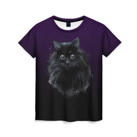 Женская футболка 3D с принтом черный кот на фиолетовом фоне в Санкт-Петербурге, 100% полиэфир ( синтетическое хлопкоподобное полотно) | прямой крой, круглый вырез горловины, длина до линии бедер | Тематика изображения на принте: акварель | глаза | клево | котейка | котенок | котик | котэ | кошак | кошка | красиво | любителю кошек | модно | мяу | подарок | пушистый | рисунок | стильно | темный | черный кот | шерсть