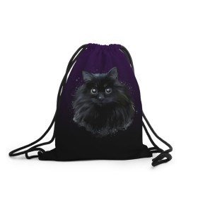 Рюкзак-мешок 3D с принтом черный кот на фиолетовом фоне в Санкт-Петербурге, 100% полиэстер | плотность ткани — 200 г/м2, размер — 35 х 45 см; лямки — толстые шнурки, застежка на шнуровке, без карманов и подкладки | акварель | глаза | клево | котейка | котенок | котик | котэ | кошак | кошка | красиво | любителю кошек | модно | мяу | подарок | пушистый | рисунок | стильно | темный | черный кот | шерсть