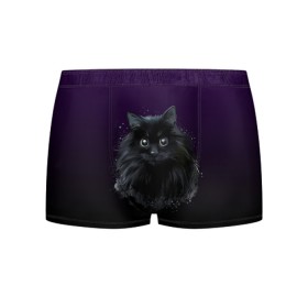 Мужские трусы 3D с принтом черный кот на фиолетовом фоне в Санкт-Петербурге, 50% хлопок, 50% полиэстер | классическая посадка, на поясе мягкая тканевая резинка | Тематика изображения на принте: акварель | глаза | клево | котейка | котенок | котик | котэ | кошак | кошка | красиво | любителю кошек | модно | мяу | подарок | пушистый | рисунок | стильно | темный | черный кот | шерсть