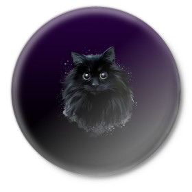 Значок с принтом черный кот на фиолетовом фоне в Санкт-Петербурге,  металл | круглая форма, металлическая застежка в виде булавки | акварель | глаза | клево | котейка | котенок | котик | котэ | кошак | кошка | красиво | любителю кошек | модно | мяу | подарок | пушистый | рисунок | стильно | темный | черный кот | шерсть
