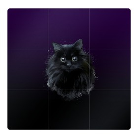 Магнитный плакат 3Х3 с принтом черный кот на фиолетовом фоне в Санкт-Петербурге, Полимерный материал с магнитным слоем | 9 деталей размером 9*9 см | акварель | глаза | клево | котейка | котенок | котик | котэ | кошак | кошка | красиво | любителю кошек | модно | мяу | подарок | пушистый | рисунок | стильно | темный | черный кот | шерсть