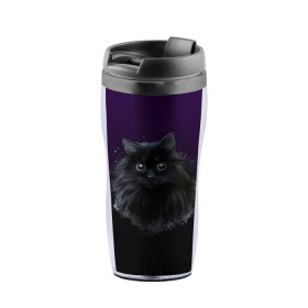 Термокружка-непроливайка с принтом черный кот на фиолетовом фоне в Санкт-Петербурге, внутренняя часть — пищевой пластик, наружная часть — прозрачный пластик, между ними — полиграфическая вставка с рисунком | объем — 350 мл, герметичная крышка | Тематика изображения на принте: акварель | глаза | клево | котейка | котенок | котик | котэ | кошак | кошка | красиво | любителю кошек | модно | мяу | подарок | пушистый | рисунок | стильно | темный | черный кот | шерсть