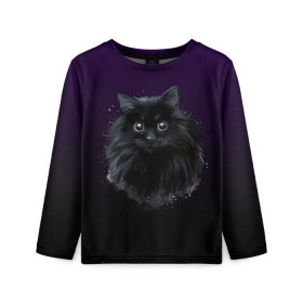 Детский лонгслив 3D с принтом черный кот на фиолетовом фоне в Санкт-Петербурге, 100% полиэстер | длинные рукава, круглый вырез горловины, полуприлегающий силуэт
 | акварель | глаза | клево | котейка | котенок | котик | котэ | кошак | кошка | красиво | любителю кошек | модно | мяу | подарок | пушистый | рисунок | стильно | темный | черный кот | шерсть