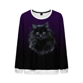 Мужской свитшот 3D с принтом черный кот на фиолетовом фоне в Санкт-Петербурге, 100% полиэстер с мягким внутренним слоем | круглый вырез горловины, мягкая резинка на манжетах и поясе, свободная посадка по фигуре | акварель | глаза | клево | котейка | котенок | котик | котэ | кошак | кошка | красиво | любителю кошек | модно | мяу | подарок | пушистый | рисунок | стильно | темный | черный кот | шерсть