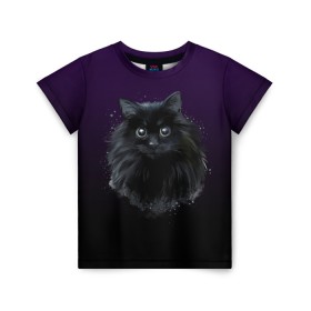 Детская футболка 3D с принтом черный кот на фиолетовом фоне в Санкт-Петербурге, 100% гипоаллергенный полиэфир | прямой крой, круглый вырез горловины, длина до линии бедер, чуть спущенное плечо, ткань немного тянется | Тематика изображения на принте: акварель | глаза | клево | котейка | котенок | котик | котэ | кошак | кошка | красиво | любителю кошек | модно | мяу | подарок | пушистый | рисунок | стильно | темный | черный кот | шерсть