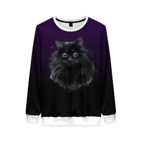 Женский свитшот 3D с принтом черный кот на фиолетовом фоне в Санкт-Петербурге, 100% полиэстер с мягким внутренним слоем | круглый вырез горловины, мягкая резинка на манжетах и поясе, свободная посадка по фигуре | акварель | глаза | клево | котейка | котенок | котик | котэ | кошак | кошка | красиво | любителю кошек | модно | мяу | подарок | пушистый | рисунок | стильно | темный | черный кот | шерсть