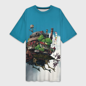 Платье-футболка 3D с принтом Ходячий замок в облаках в Санкт-Петербурге,  |  | ведьма пустоши | кальцифер | маркл | пугало | пугало репка | софи | софи хаттер | хаул | хаул пендрагон | ходячий замок | ходячий замок хаула