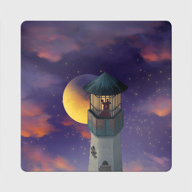Магнит виниловый Квадрат с принтом To the Moon 3D в Санкт-Петербурге, полимерный материал с магнитным слоем | размер 9*9 см, закругленные углы | lighthouse | moon | night | pair | silhouettes | stars | to the moon | звёзды | луна | маяк | ночь | пара | силуэты