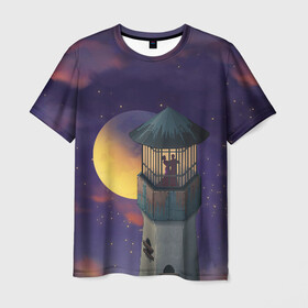 Мужская футболка 3D с принтом To the Moon 3D в Санкт-Петербурге, 100% полиэфир | прямой крой, круглый вырез горловины, длина до линии бедер | lighthouse | moon | night | pair | silhouettes | stars | to the moon | звёзды | луна | маяк | ночь | пара | силуэты