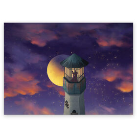 Поздравительная открытка с принтом To the Moon 3D в Санкт-Петербурге, 100% бумага | плотность бумаги 280 г/м2, матовая, на обратной стороне линовка и место для марки
 | Тематика изображения на принте: lighthouse | moon | night | pair | silhouettes | stars | to the moon | звёзды | луна | маяк | ночь | пара | силуэты