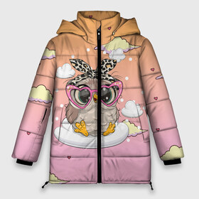 Женская зимняя куртка 3D с принтом Милая сова на облачках в Санкт-Петербурге, верх — 100% полиэстер; подкладка — 100% полиэстер; утеплитель — 100% полиэстер | длина ниже бедра, силуэт Оверсайз. Есть воротник-стойка, отстегивающийся капюшон и ветрозащитная планка. 

Боковые карманы с листочкой на кнопках и внутренний карман на молнии | девочка | милашка | милая | милая сова | облака | облачка | сова | сова в очках | сова девочка | совенок | совушка