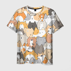 Мужская футболка 3D с принтом Кошачья стая в Санкт-Петербурге, 100% полиэфир | прямой крой, круглый вырез горловины, длина до линии бедер | кот | кошка. коты | кошки | кремовый | много животных | рыжий | серий | черный
