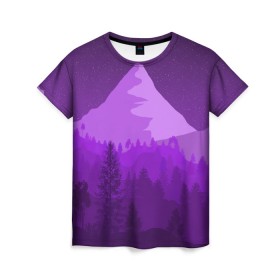 Женская футболка 3D с принтом Ночные горы в Санкт-Петербурге, 100% полиэфир ( синтетическое хлопкоподобное полотно) | прямой крой, круглый вырез горловины, длина до линии бедер | горы | звёздное небо | звёзды | лес | небо | ночь | фиолетовый