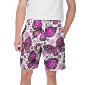 Мужские шорты 3D с принтом Фиолетовые бабочки в Санкт-Петербурге,  полиэстер 100% | прямой крой, два кармана без застежек по бокам. Мягкая трикотажная резинка на поясе, внутри которой широкие завязки. Длина чуть выше колен | бабочка | фиолетовый | цветы