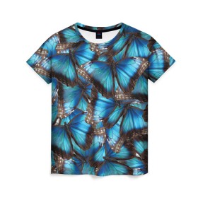 Женская футболка 3D с принтом Небесный рой в Санкт-Петербурге, 100% полиэфир ( синтетическое хлопкоподобное полотно) | прямой крой, круглый вырез горловины, длина до линии бедер | бабочка | бабочки | белый | синий | черный | яркий цвет