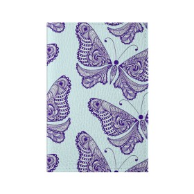 Обложка для паспорта матовая кожа с принтом Гжелевые бабочки в Санкт-Петербурге, натуральная матовая кожа | размер 19,3 х 13,7 см; прозрачные пластиковые крепления | бабочки | бирюзовый | гжель | синий