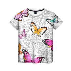 Женская футболка 3D с принтом Яркий рой в Санкт-Петербурге, 100% полиэфир ( синтетическое хлопкоподобное полотно) | прямой крой, круглый вырез горловины, длина до линии бедер | бабочки | белый | желтый | оранжевый | прозрачный | розовый | фиолетовый | чёрный