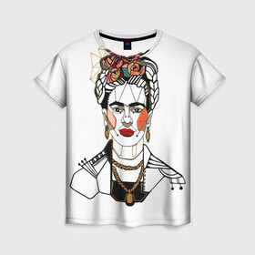 Женская футболка 3D с принтом Фрида Кало  в Санкт-Петербурге, 100% полиэфир ( синтетическое хлопкоподобное полотно) | прямой крой, круглый вырез горловины, длина до линии бедер | Тематика изображения на принте: кало | картинки | популярные | прикольные | фрида | цветы | человек