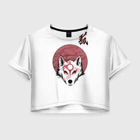 Женская футболка Crop-top 3D с принтом Японский лис с сакурой в Санкт-Петербурге, 100% полиэстер | круглая горловина, длина футболки до линии талии, рукава с отворотами | демон | иероглиф | кандзи | кицуне | лис | сакура | стиль | япония