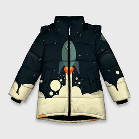 Зимняя куртка для девочек 3D с принтом ракета дым космос в Санкт-Петербурге, ткань верха — 100% полиэстер; подклад — 100% полиэстер, утеплитель — 100% полиэстер. | длина ниже бедра, удлиненная спинка, воротник стойка и отстегивающийся капюшон. Есть боковые карманы с листочкой на кнопках, утяжки по низу изделия и внутренний карман на молнии. 

Предусмотрены светоотражающий принт на спинке, радужный светоотражающий элемент на пуллере молнии и на резинке для утяжки. | Тематика изображения на принте: вверх | взлет | графика | детский | дым | космос | минимализм | ракета | рисунок | старт