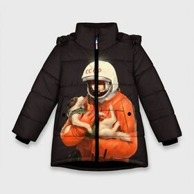Зимняя куртка для девочек 3D с принтом День космонавтики в Санкт-Петербурге, ткань верха — 100% полиэстер; подклад — 100% полиэстер, утеплитель — 100% полиэстер. | длина ниже бедра, удлиненная спинка, воротник стойка и отстегивающийся капюшон. Есть боковые карманы с листочкой на кнопках, утяжки по низу изделия и внутренний карман на молнии. 

Предусмотрены светоотражающий принт на спинке, радужный светоотражающий элемент на пуллере молнии и на резинке для утяжки. | Тематика изображения на принте: 12 апреля | nasa | russia | байконур | белка и стрелка | восток 1 | гагарин | день космонавтики | земля | наса | россия | ссср | юрий гагарин