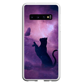 Чехол для Samsung Galaxy S10 с принтом Бабочка кот силуэт фиолетовый в Санкт-Петербурге, Силикон | Область печати: задняя сторона чехла, без боковых панелей | арт | бабочка | графика | дым | звезды | космос | кот | молния | образ | персонаж | рисунок | силуэт | сиреневый | туман | фантастика | фиолетовый | фэнтези | черная кошка | чернильный