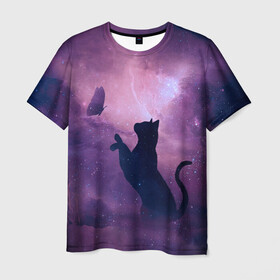 Мужская футболка 3D с принтом Бабочка кот силуэт фиолетовый в Санкт-Петербурге, 100% полиэфир | прямой крой, круглый вырез горловины, длина до линии бедер | арт | бабочка | графика | дым | звезды | космос | кот | молния | образ | персонаж | рисунок | силуэт | сиреневый | туман | фантастика | фиолетовый | фэнтези | черная кошка | чернильный