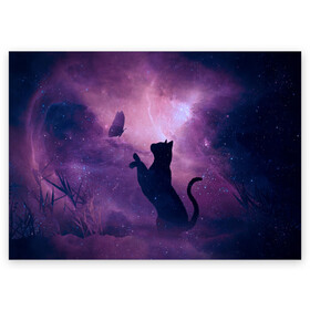 Поздравительная открытка с принтом Бабочка кот силуэт фиолетовый в Санкт-Петербурге, 100% бумага | плотность бумаги 280 г/м2, матовая, на обратной стороне линовка и место для марки
 | арт | бабочка | графика | дым | звезды | космос | кот | молния | образ | персонаж | рисунок | силуэт | сиреневый | туман | фантастика | фиолетовый | фэнтези | черная кошка | чернильный